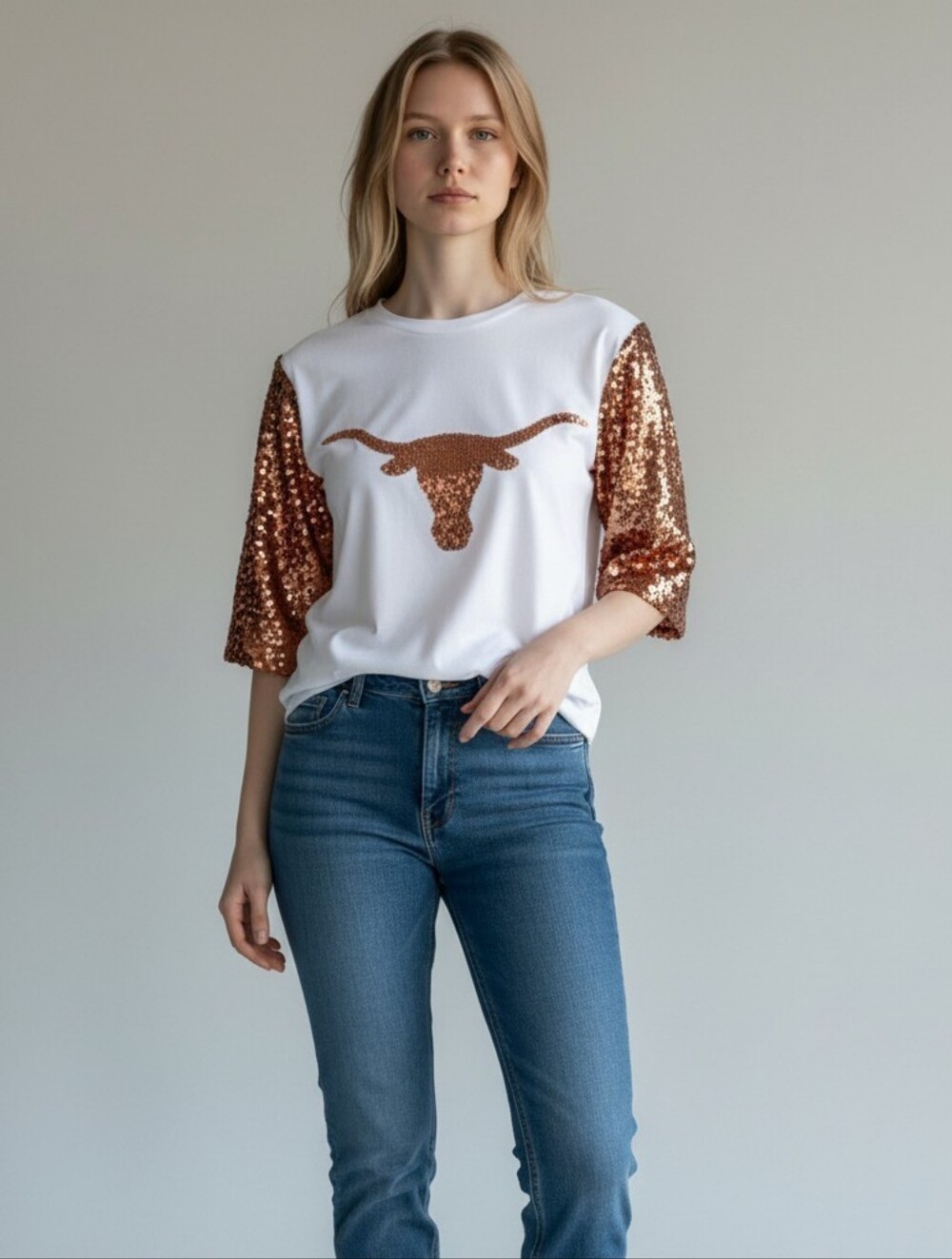 White Top with Copper Sequin Longhorn Top
